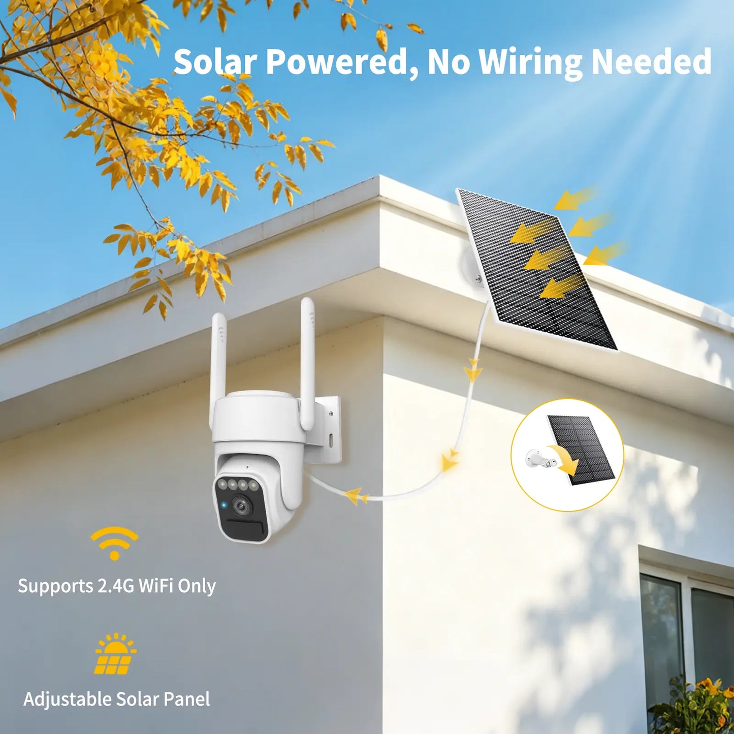 Wi-Fi Solar Security Camera Wireless Outdoor, Motion Detection, Night Vision, IP65 Weatherproof, Pan & Tilt Control, Two-Way Audio
