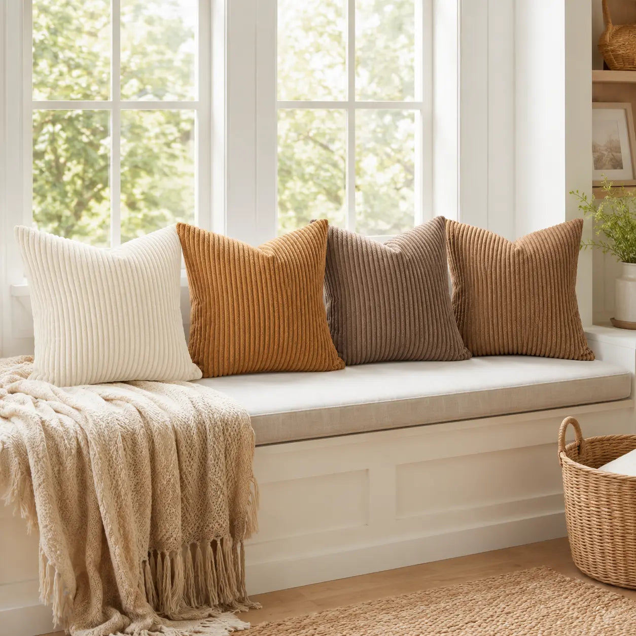 2-Pack Corduroy Throw Pillow Covers (18X18 Inches) - Soft Ribbed Texture Decorative Cushion Covers with Hidden Zipper, White & Brown Coffee Options for Couch, Sofa, Bed Decor, 18*18 Inches