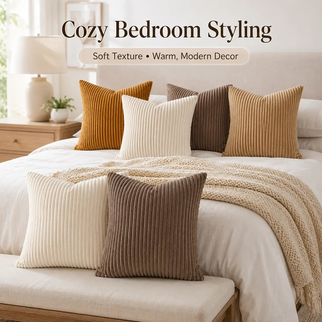 2-Pack Corduroy Throw Pillow Covers (18X18 Inches) - Soft Ribbed Texture Decorative Cushion Covers with Hidden Zipper, White & Brown Coffee Options for Couch, Sofa, Bed Decor, 18*18 Inches