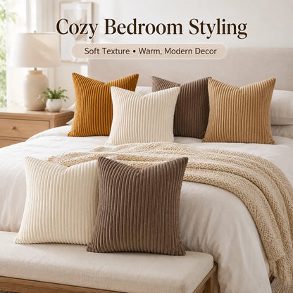 2-Pack Corduroy Throw Pillow Covers (18X18 Inches) - Soft Ribbed Texture Decorative Cushion Covers with Hidden Zipper, White & Brown Coffee Options for Couch, Sofa, Bed Decor, 18*18 Inches