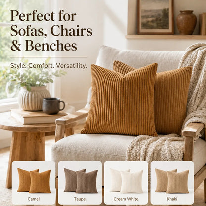 2-Pack Corduroy Throw Pillow Covers (18X18 Inches) - Soft Ribbed Texture Decorative Cushion Covers with Hidden Zipper, White & Brown Coffee Options for Couch, Sofa, Bed Decor, 18*18 Inches