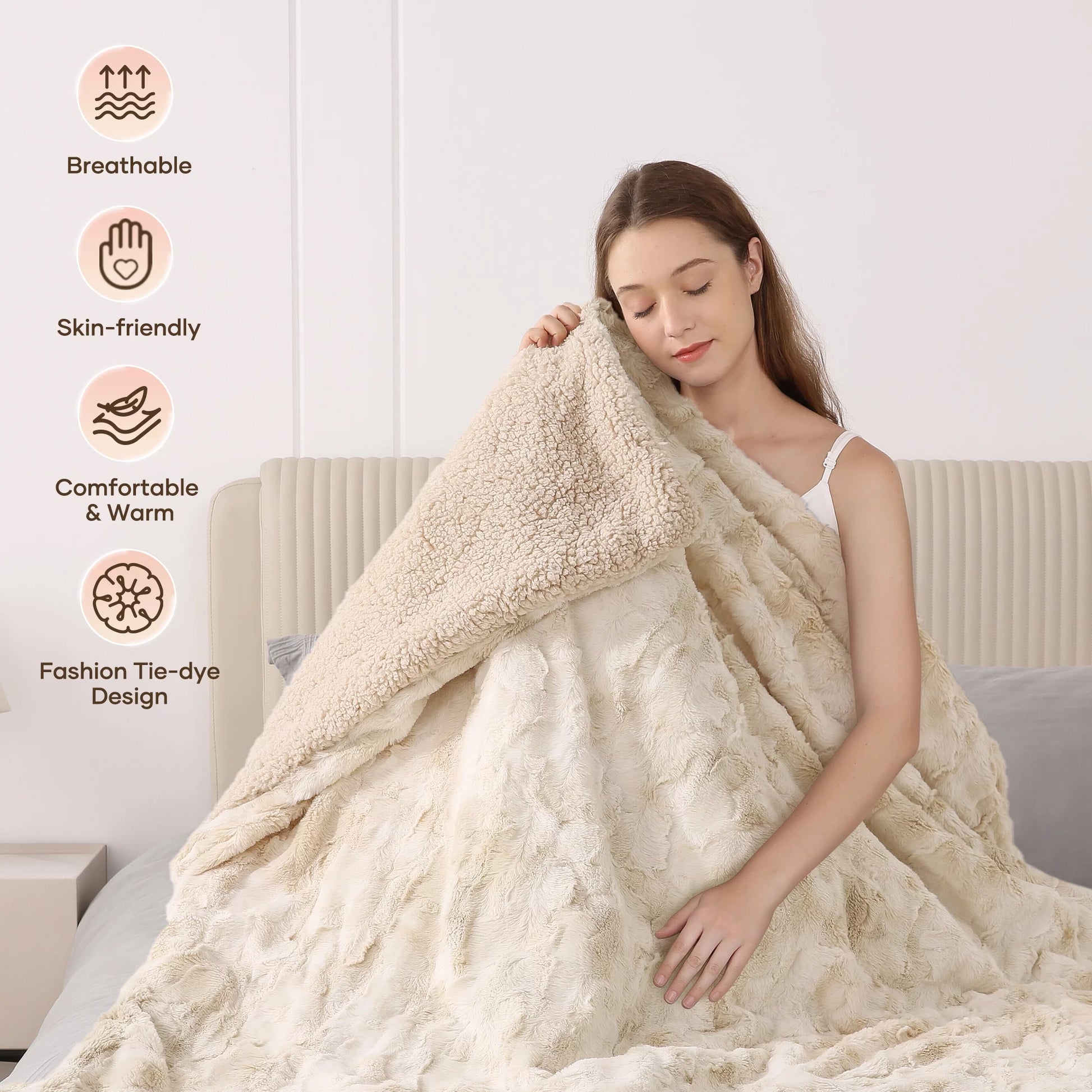 Electric Heated Throw Blanket 50" x 60", Soft Faux Fur with Large LED Display, 6 Heat Settings, 4-Hour Timer - Tie-Dye Off White