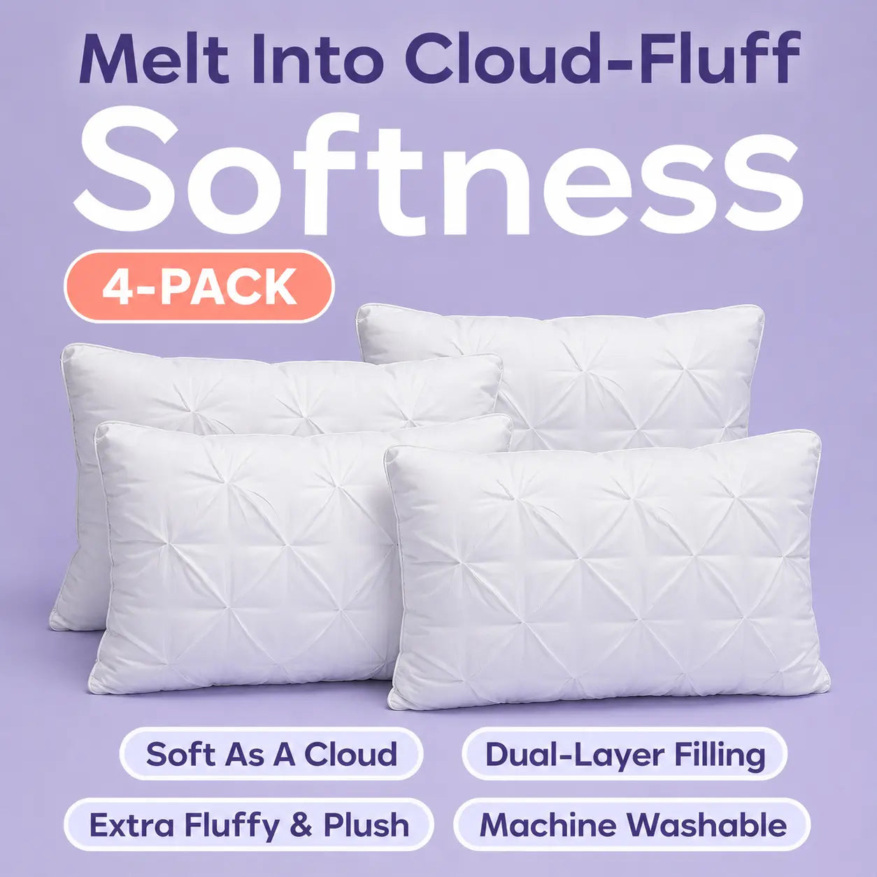 Mellow Sleep Ploof Pillow Set (4-Pack) – Luxurious Dual-Layer Extra-Fluffy Pillows with Breathable Support, Designed for Optimal Comfort for Side, Back, and Stomach Sleepers, Machine Washable