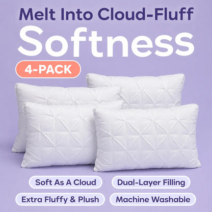 Mellow Sleep Ploof Pillow Set (4-Pack) – Luxurious Dual-Layer Extra-Fluffy Pillows with Breathable Support, Designed for Optimal Comfort for Side, Back, and Stomach Sleepers, Machine Washable