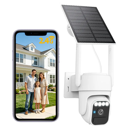 Wi-Fi Solar Security Camera Wireless Outdoor, Motion Detection, Night Vision, IP65 Weatherproof, Pan & Tilt Control, Two-Way Audio