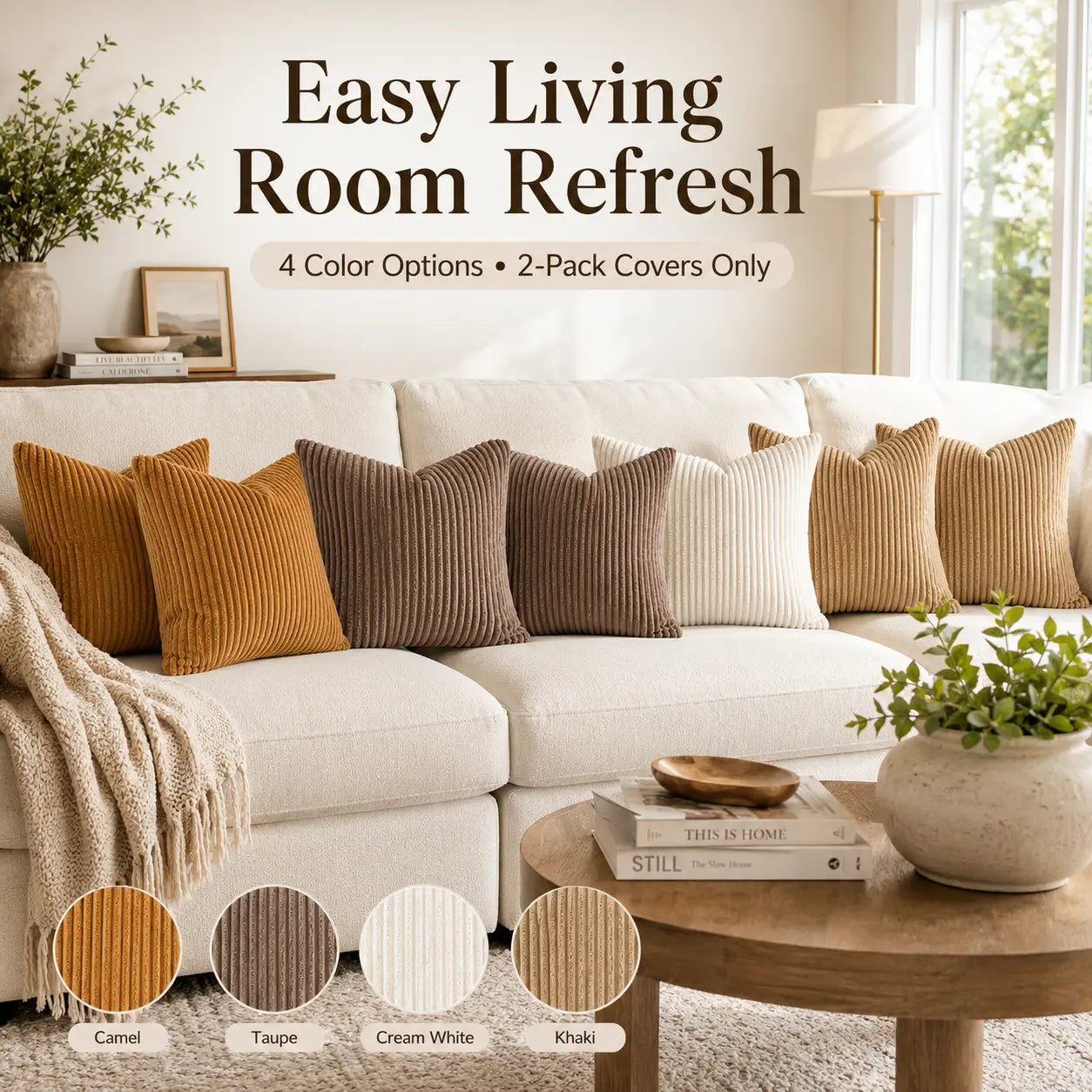 2-Pack Corduroy Throw Pillow Covers (18X18 Inches) - Soft Ribbed Texture Decorative Cushion Covers with Hidden Zipper, White & Brown Coffee Options for Couch, Sofa, Bed Decor, 18*18 Inches