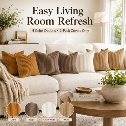 2-Pack Corduroy Throw Pillow Covers (18X18 Inches) - Soft Ribbed Texture Decorative Cushion Covers with Hidden Zipper, White & Brown Coffee Options for Couch, Sofa, Bed Decor, 18*18 Inches