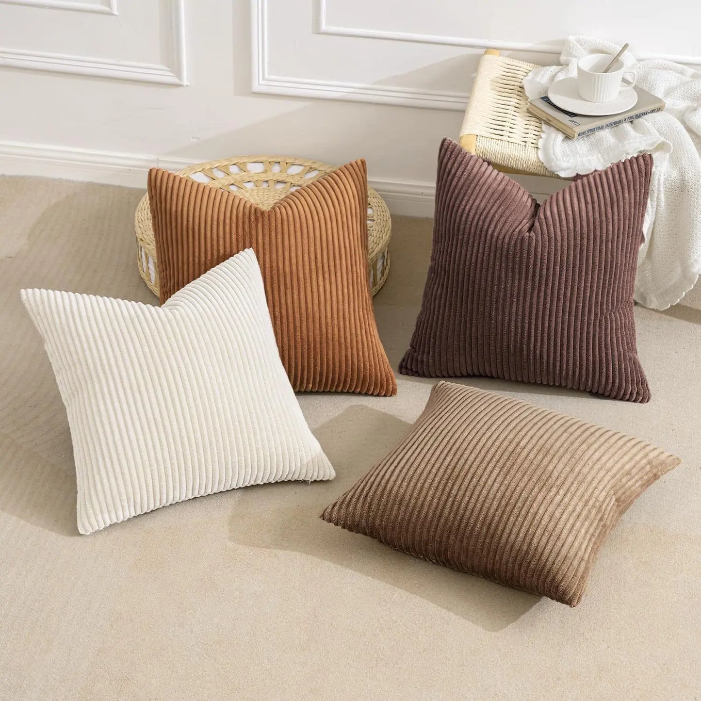 2-Pack Corduroy Throw Pillow Covers (18X18 Inches) - Soft Ribbed Texture Decorative Cushion Covers with Hidden Zipper, White & Brown Coffee Options for Couch, Sofa, Bed Decor, 18*18 Inches
