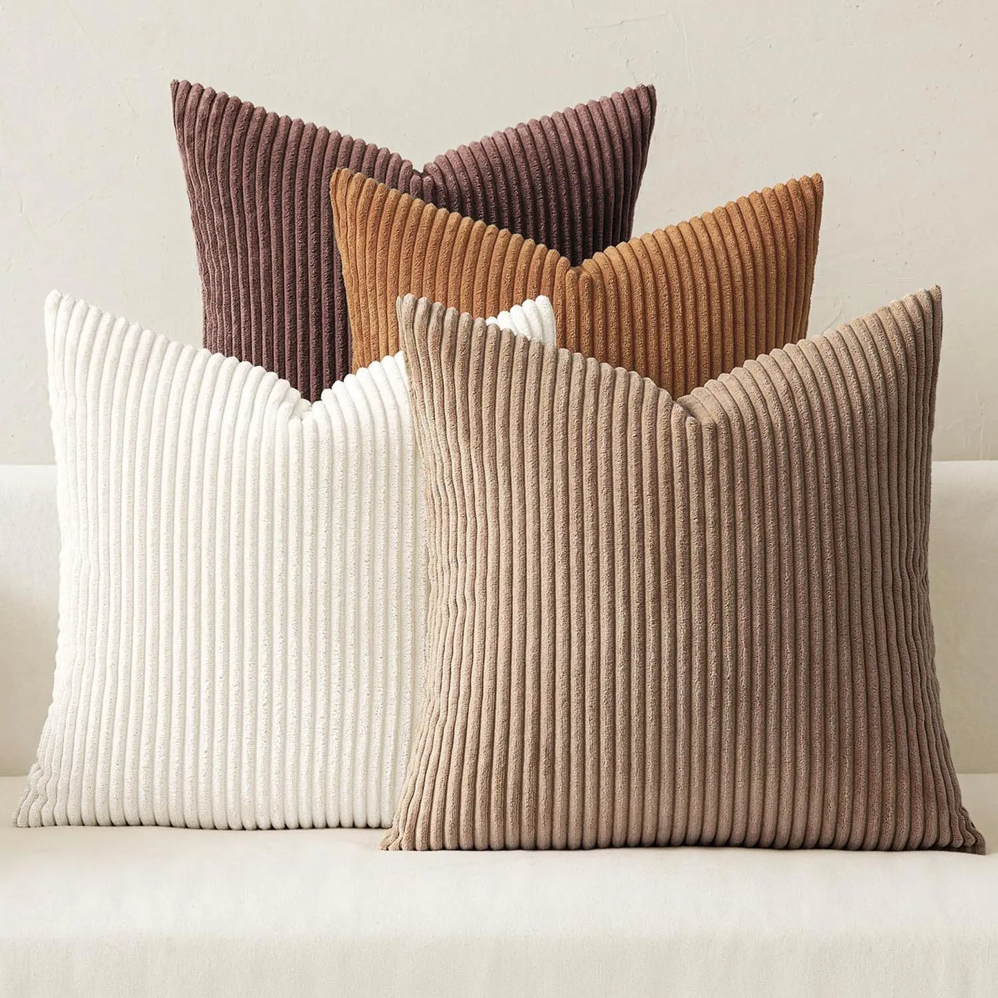 2-Pack Corduroy Throw Pillow Covers (18X18 Inches) - Soft Ribbed Texture Decorative Cushion Covers with Hidden Zipper, White & Brown Coffee Options for Couch, Sofa, Bed Decor, 18*18 Inches
