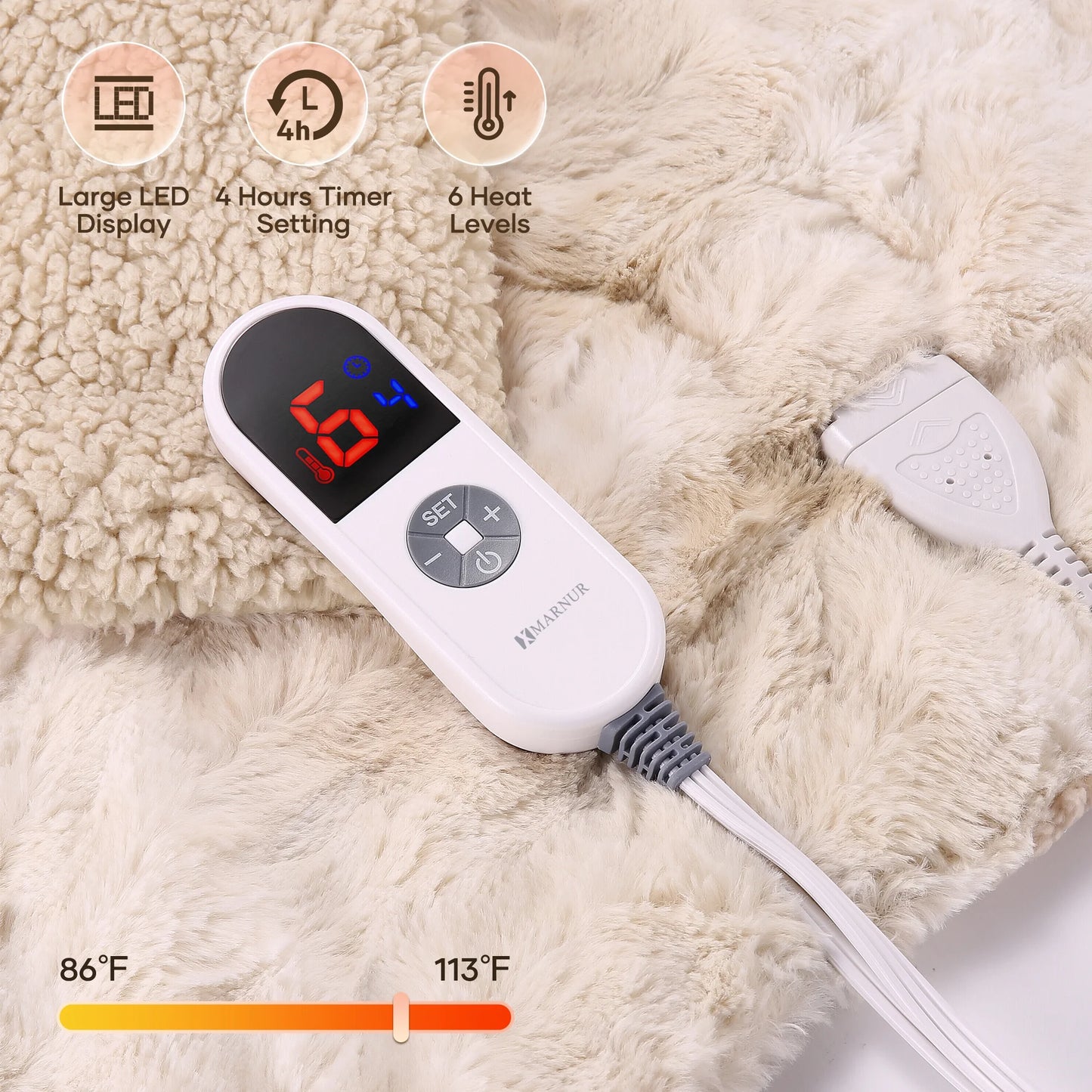 Electric Heated Throw Blanket 50" x 60", Soft Faux Fur with Large LED Display, 6 Heat Settings, 4-Hour Timer - Tie-Dye Off White