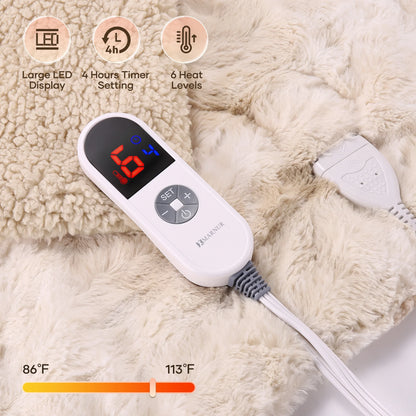 Electric Heated Throw Blanket 50" x 60", Soft Faux Fur with Large LED Display, 6 Heat Settings, 4-Hour Timer - Tie-Dye Off White