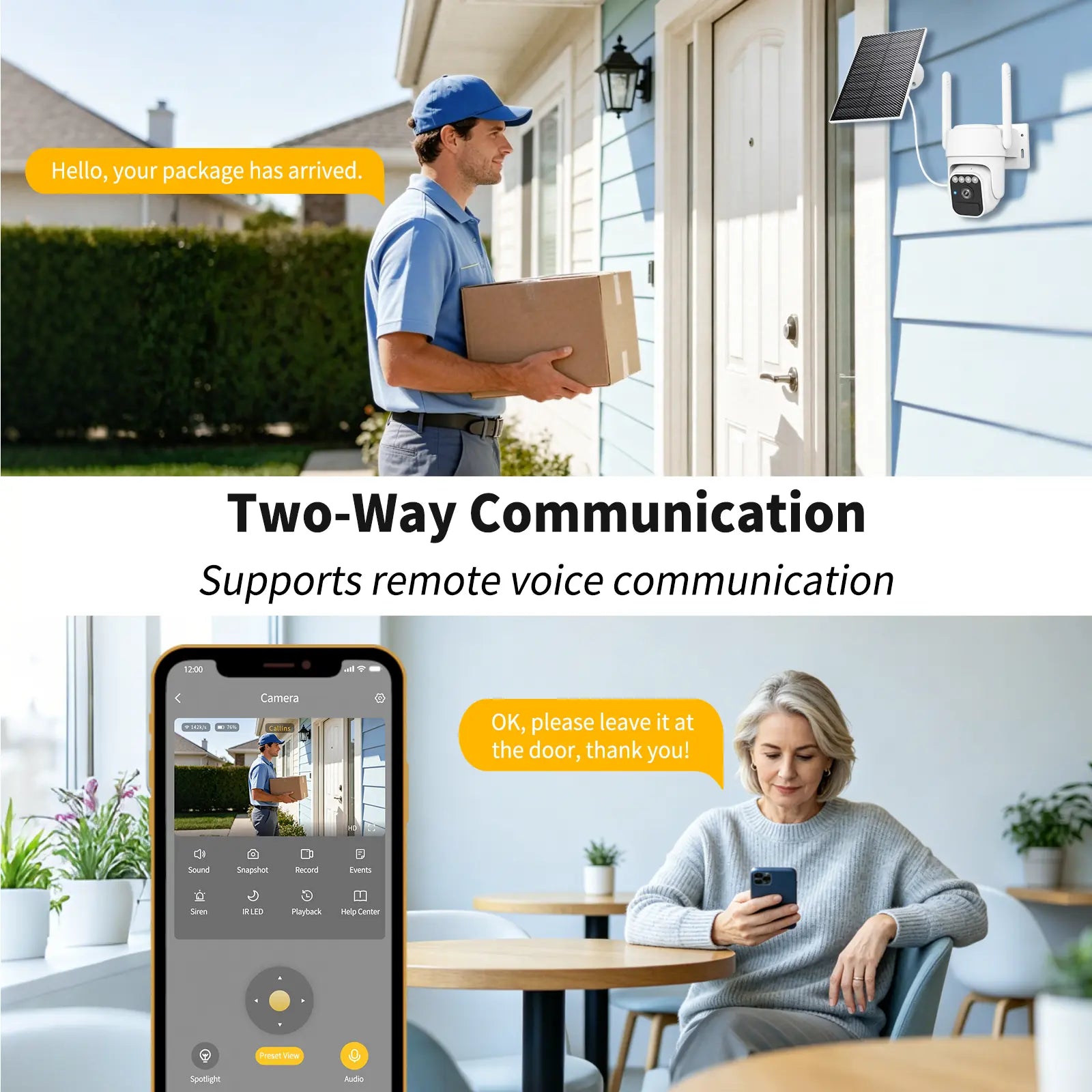 Wi-Fi Solar Security Camera Wireless Outdoor, Motion Detection, Night Vision, IP65 Weatherproof, Pan & Tilt Control, Two-Way Audio