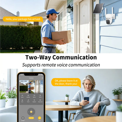 Wi-Fi Solar Security Camera Wireless Outdoor, Motion Detection, Night Vision, IP65 Weatherproof, Pan & Tilt Control, Two-Way Audio