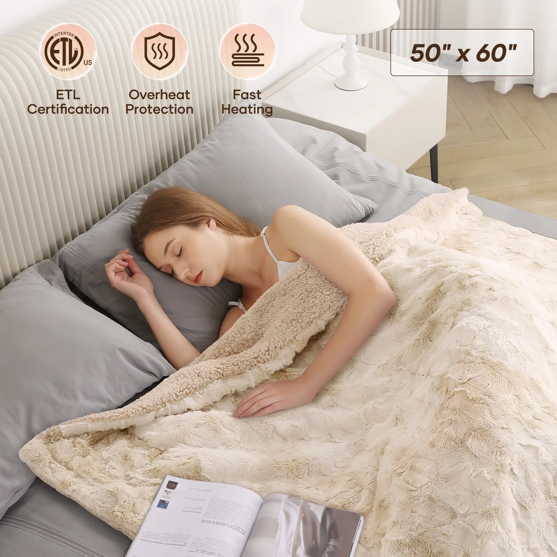 Electric Heated Throw Blanket 50" x 60", Soft Faux Fur with Large LED Display, 6 Heat Settings, 4-Hour Timer - Tie-Dye Off White