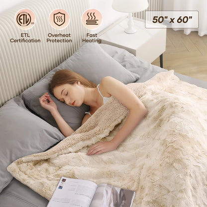 Electric Heated Throw Blanket 50" x 60", Soft Faux Fur with Large LED Display, 6 Heat Settings, 4-Hour Timer - Tie-Dye Off White