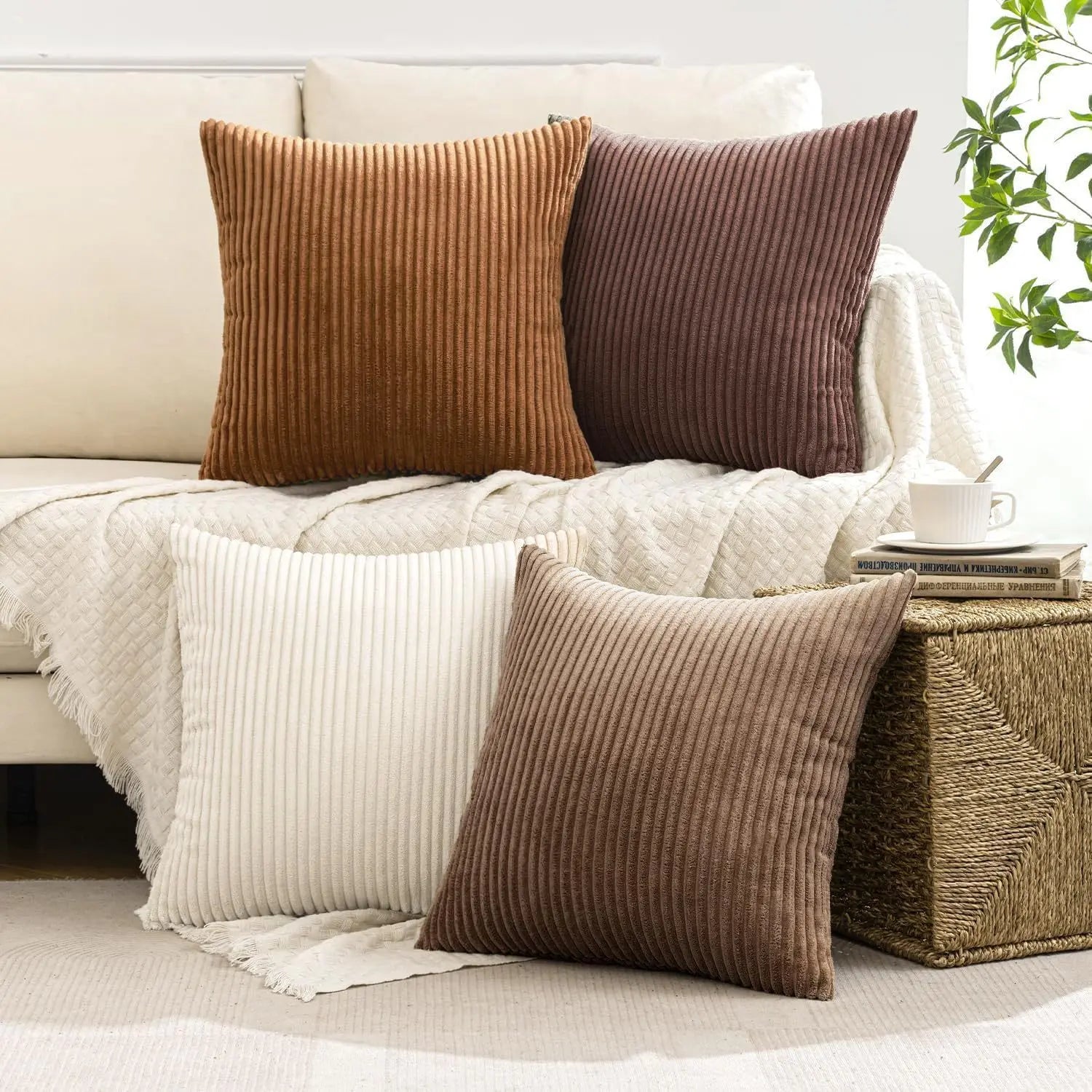2-Pack Corduroy Throw Pillow Covers (18X18 Inches) - Soft Ribbed Texture Decorative Cushion Covers with Hidden Zipper, White & Brown Coffee Options for Couch, Sofa, Bed Decor, 18*18 Inches