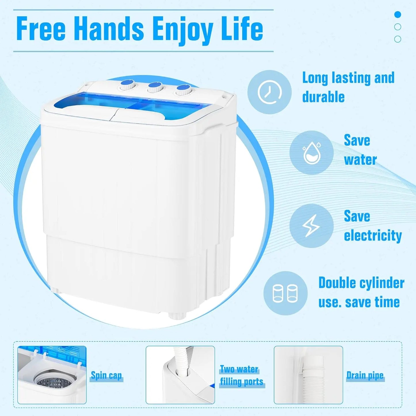 INTERGREAT Portable Washing Machine with Longer Hose, 16Lbs Twin Tub Laundry Washer Machine with 9.6Lbs Washer and 5.4Lbs Spinner Dryer, Semi-Automatic Washer Combo for Dorms, Apartments, Blue#Summervibes