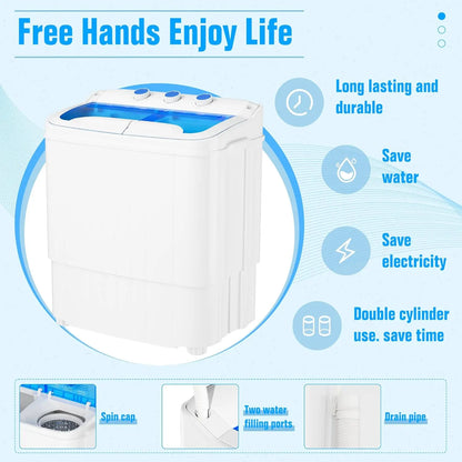 INTERGREAT Portable Washing Machine with Longer Hose, 16Lbs Twin Tub Laundry Washer Machine with 9.6Lbs Washer and 5.4Lbs Spinner Dryer, Semi-Automatic Washer Combo for Dorms, Apartments, Blue#Summervibes
