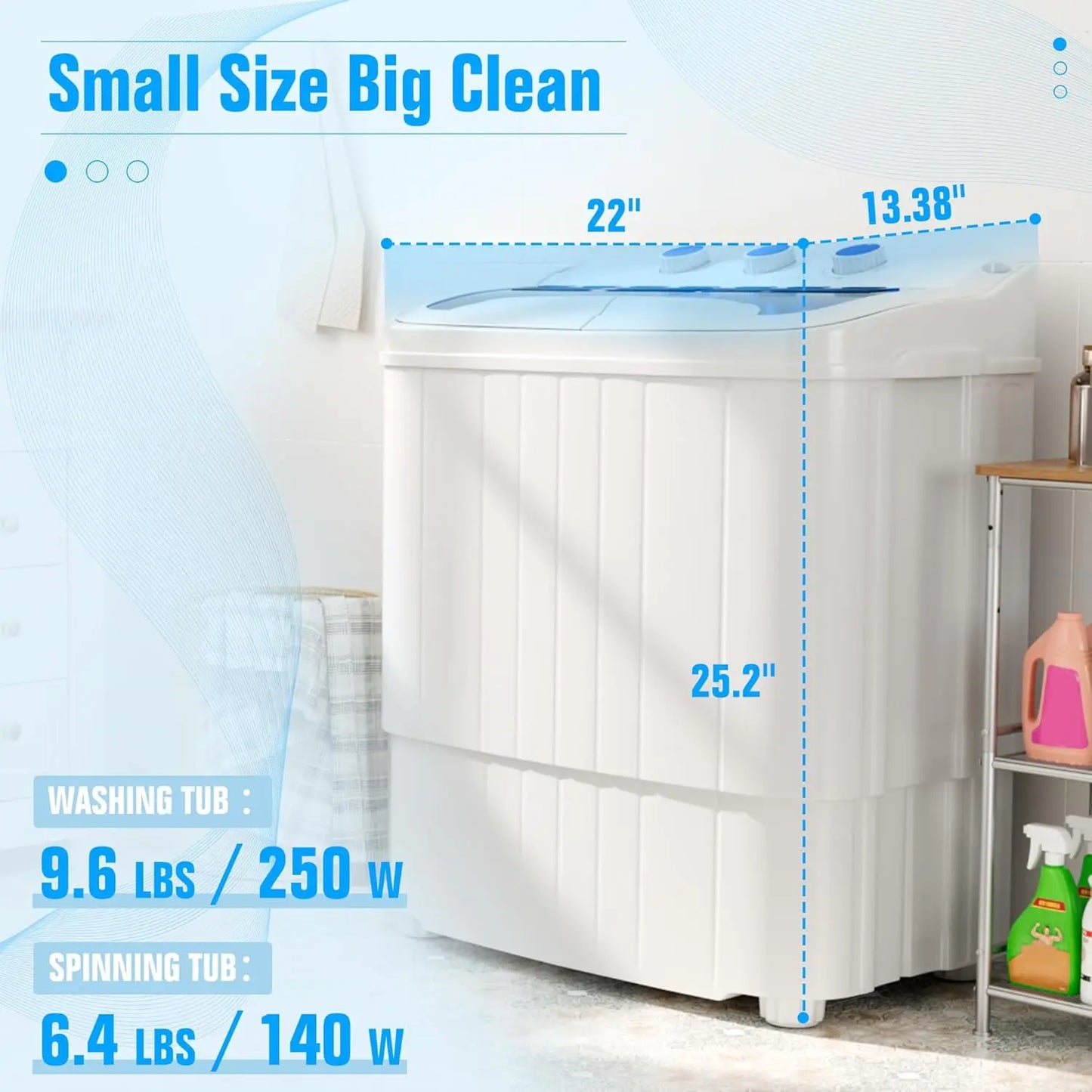 INTERGREAT Portable Washing Machine with Longer Hose, 16Lbs Twin Tub Laundry Washer Machine with 9.6Lbs Washer and 5.4Lbs Spinner Dryer, Semi-Automatic Washer Combo for Dorms, Apartments, Blue#Summervibes
