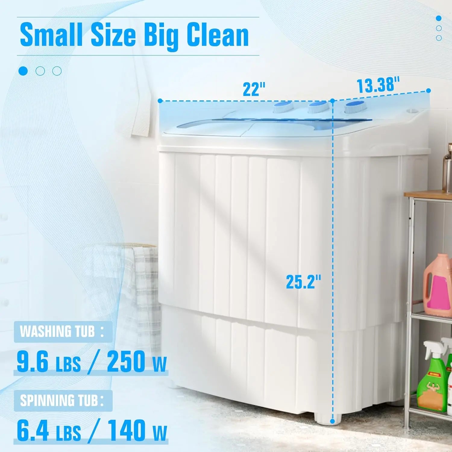INTERGREAT Portable Washing Machine with Longer Hose, 16Lbs Twin Tub Laundry Washer Machine with 9.6Lbs Washer and 5.4Lbs Spinner Dryer, Semi-Automatic Washer Combo for Dorms, Apartments, Blue#Summervibes