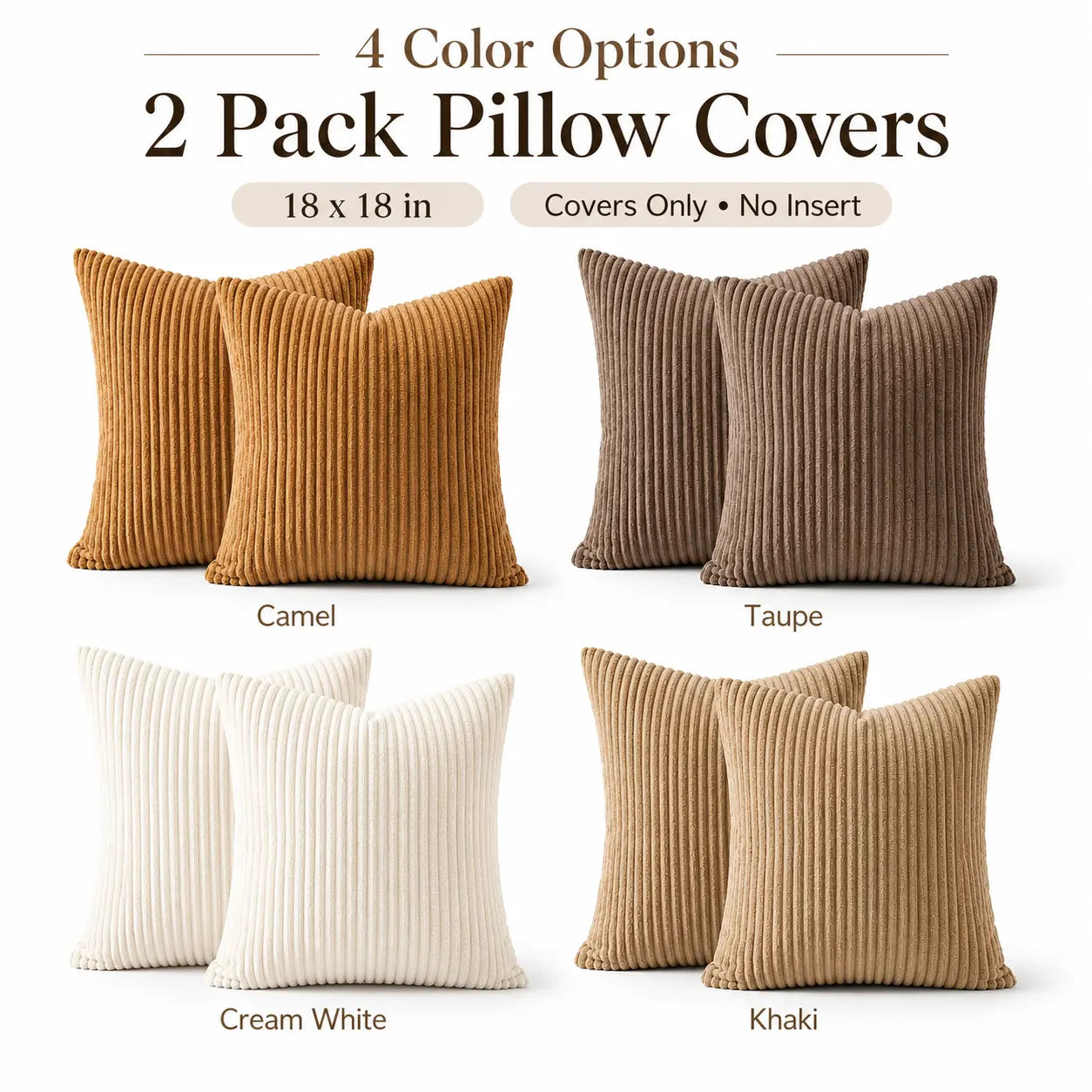 2-Pack Corduroy Throw Pillow Covers (18X18 Inches) - Soft Ribbed Texture Decorative Cushion Covers with Hidden Zipper, White & Brown Coffee Options for Couch, Sofa, Bed Decor, 18*18 Inches