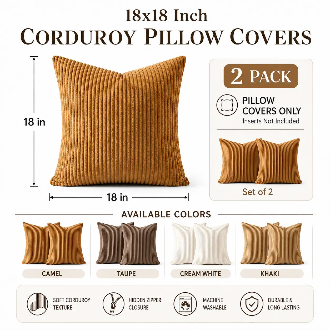 2-Pack Corduroy Throw Pillow Covers (18X18 Inches) - Soft Ribbed Texture Decorative Cushion Covers with Hidden Zipper, White & Brown Coffee Options for Couch, Sofa, Bed Decor, 18*18 Inches